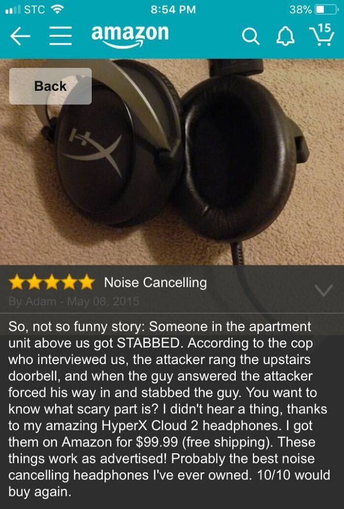 HyperX headphones with a humorous Amazon review highlighting noise-cancelling effectiveness amidst a dramatic story.