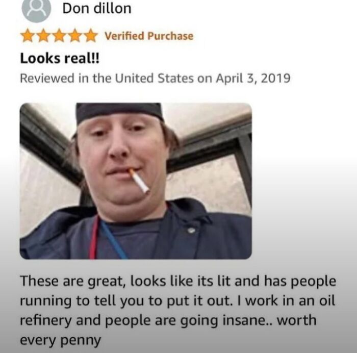 Funny review with five-star rating, showing a person smoking indoors, and a humorous description of the product's effect.