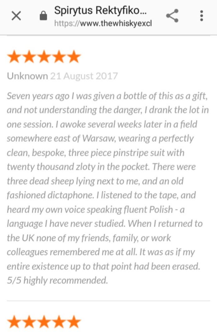 Funny review about a potent drink experience, rated five stars.