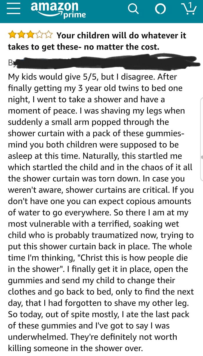 Amazon review humorously describing a chaotic shower incident involving children and gummies.