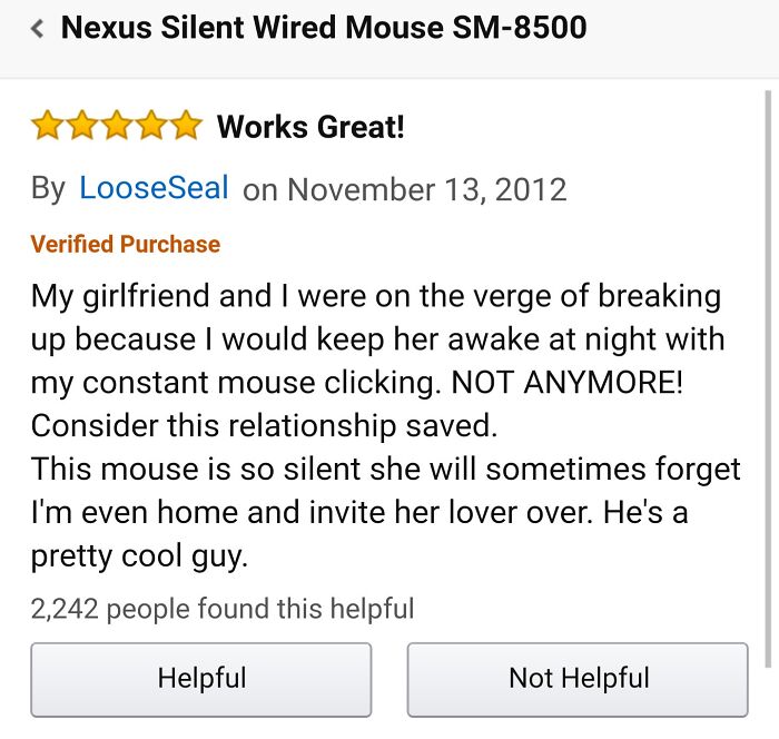 Funny online review of Nexus Silent Wired Mouse describing how it saved a relationship with its quiet clicking.