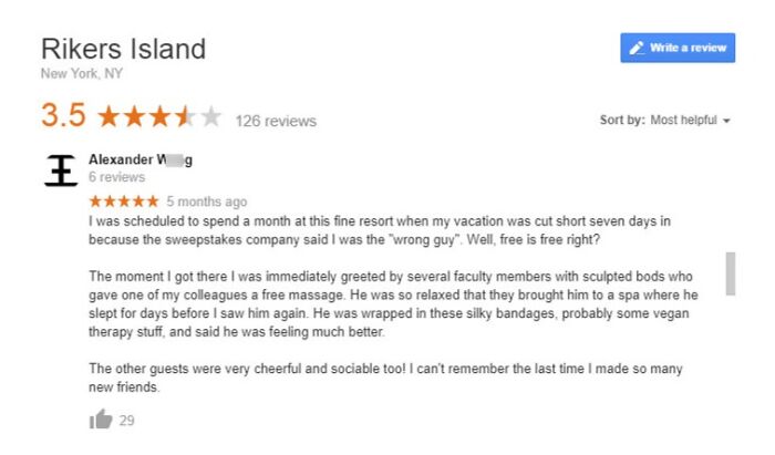 Funny review of Rikers Island with a 3.5-star rating, humorously describing a stay as a luxurious resort experience.