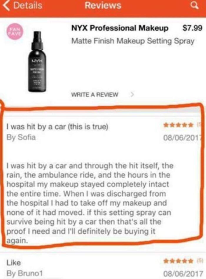 Funny review of NYX Matte Finish Setting Spray claiming durability after being hit by a car.