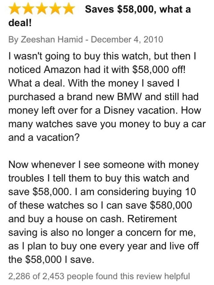 Funny review highlights $58,000 savings on a watch, claiming it funds a BMW and Disney trip.