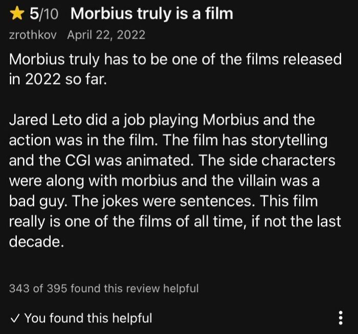 Funny online review of "Morbius" with mixed praise and critique, rated 5/10.