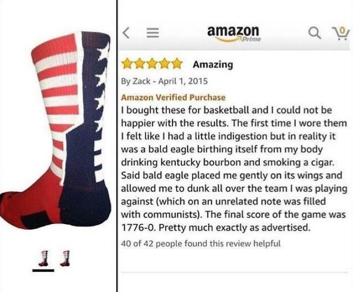 Funny review of patriotic socks on Amazon, describes an absurd basketball experience with a bald eagle.