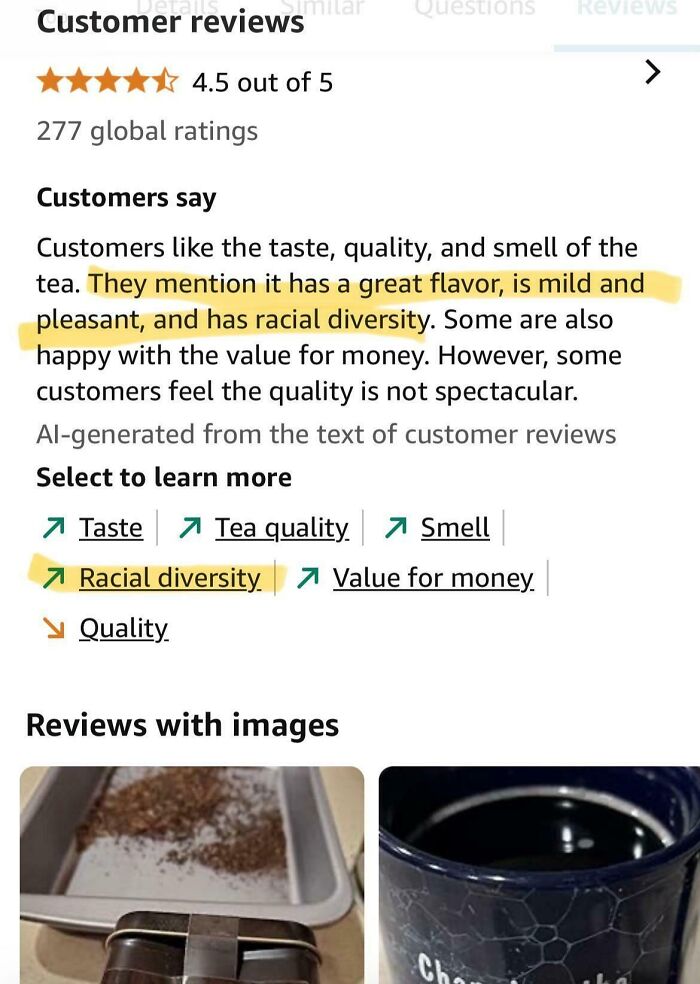 Funny review screenshot highlighting tea's flavor and unusual mention of racial diversity.