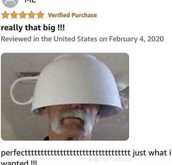 Funny review of oversized mug being humorously used as a hat by man with mustache.