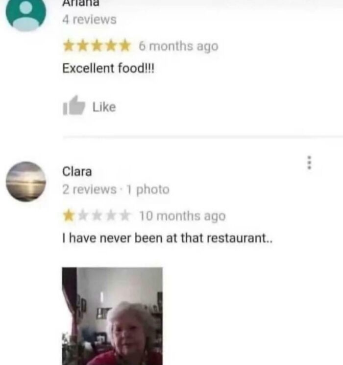 Funny reviews: One gives 5 stars, another 1 star saying they've never been to the restaurant.