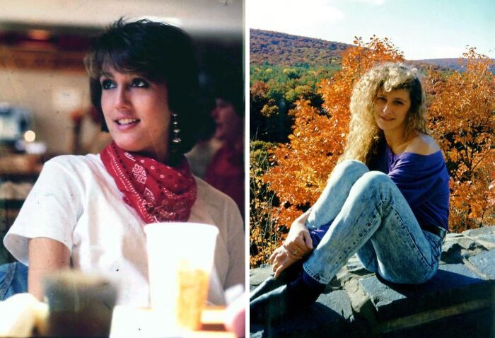 Women embodying 80s fashion trends with a bandana and denim against vibrant autumn foliage.
