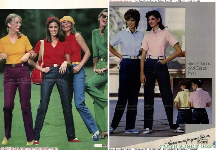 Group of women modeling colorful 80s fashion trends with vibrant tops and jeans in a vintage Sears catalog.
