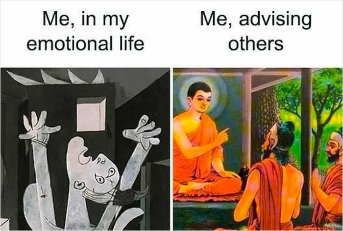 Two-panel funny meme: chaotic emotional life vs. calm advising others, highlighting mood booster humor.