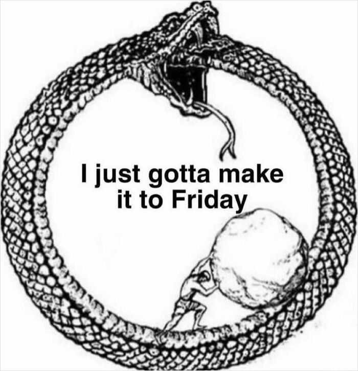 Funny meme of a snake eating itself with text, "I just gotta make it to Friday," symbolizing the struggle of the week.