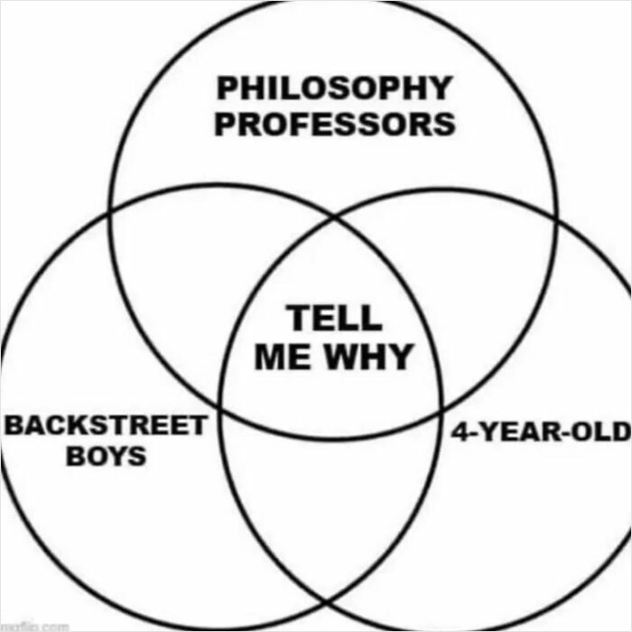 Venn diagram meme with "Philosophy Professors," "Backstreet Boys," and "4-Year-Old," intersecting at "Tell Me Why." Mood booster.