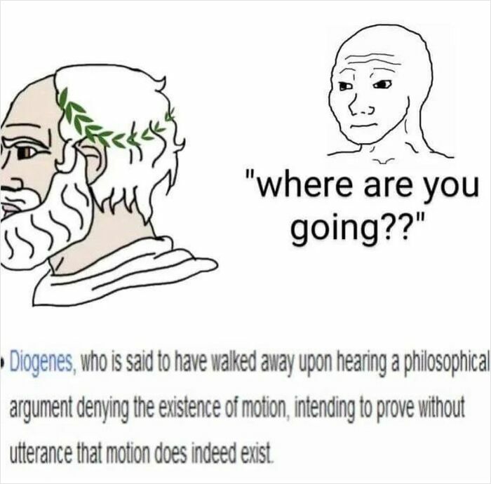 Philosopher meme depicting a funny moment with an ancient figure walking away, used as a mood booster.