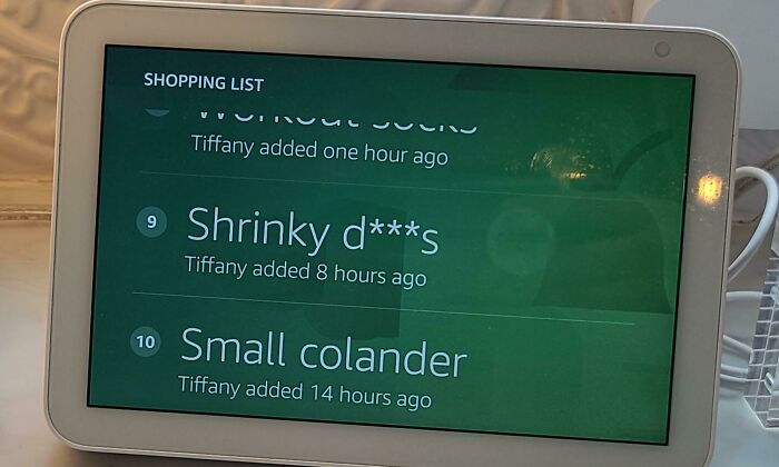 Digital shopping list showing hilarious misunderstandings with humorous item names.