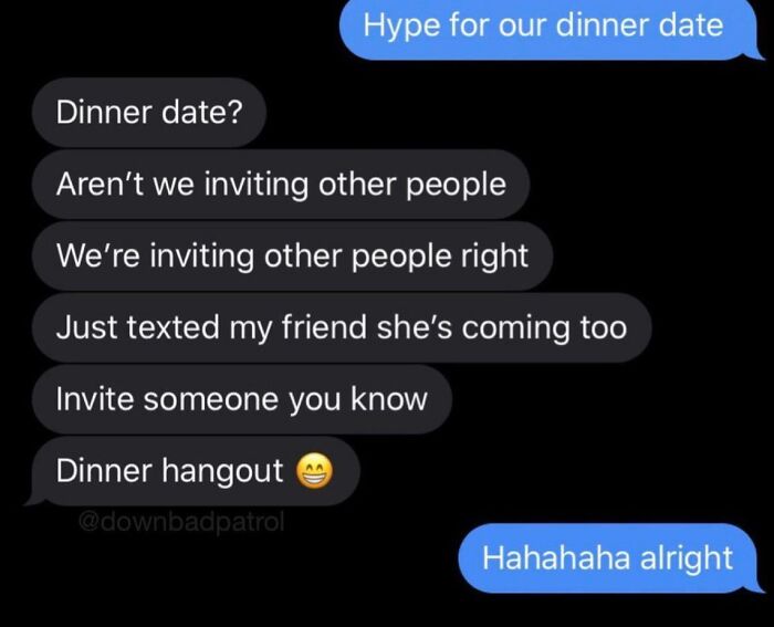 Text exchange showing an awkward date moment with confusion about a dinner date involving other people.