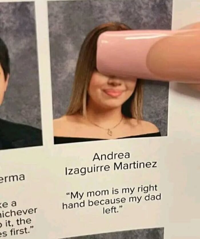 Yearbook photo with a person's head humorously obscured by a fingernail, featuring funny caption.