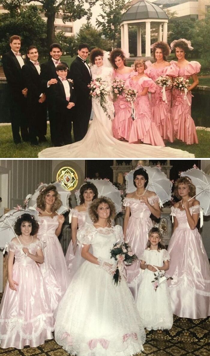 Wedding party in 80s fashion trends, with bridesmaids in pink dresses and big hairstyles, and groomsmen in tuxedos.