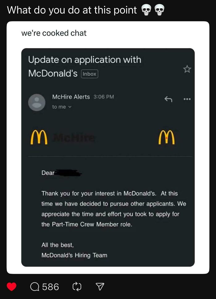 Rejection email from McDonald's hiring team, humorous context on recruiting hell experiences.