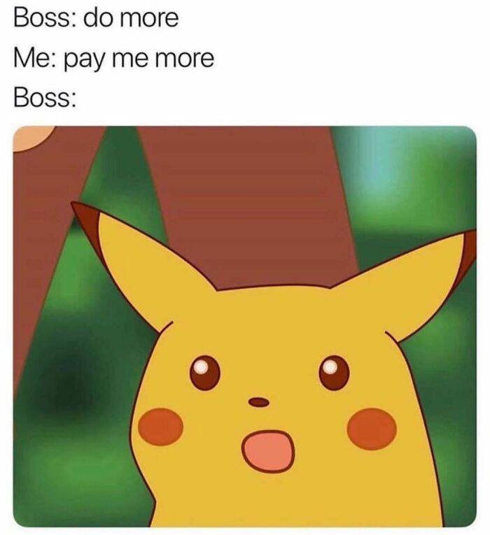 Surprised Pikachu meme illustrating a funny office scenario with a boss and employee exchange.