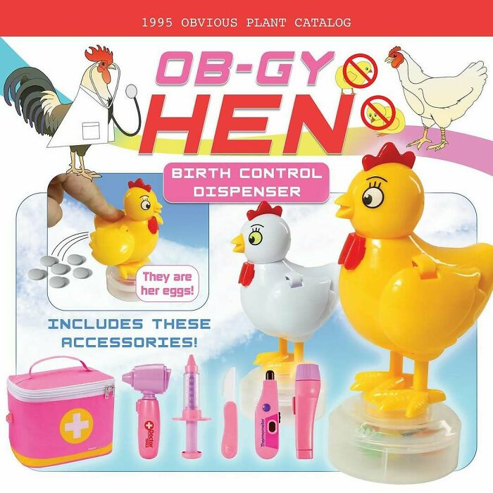 Ob-Gyo Hen birth control dispenser toy with fake medical accessories, a humorous fake product in real stores.