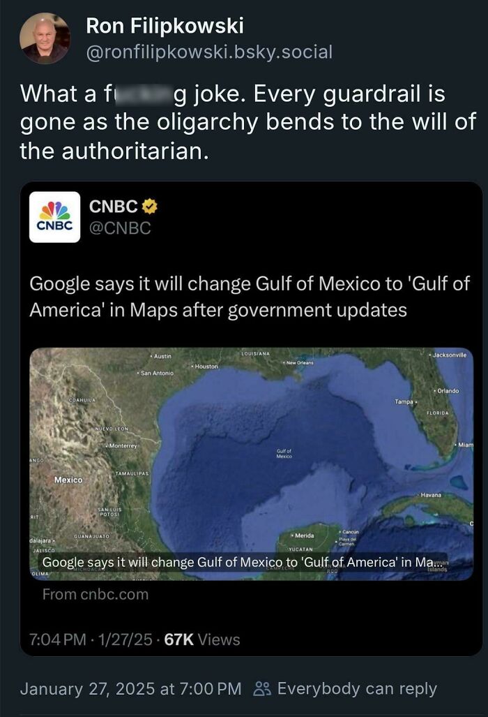 Tweet criticizing government update as Google plans to rename Gulf of Mexico to Gulf of America, showing a map of the area.
