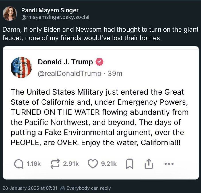 Screenshot of a social media post showing a controversial water supply message amid facepalm moments in America.