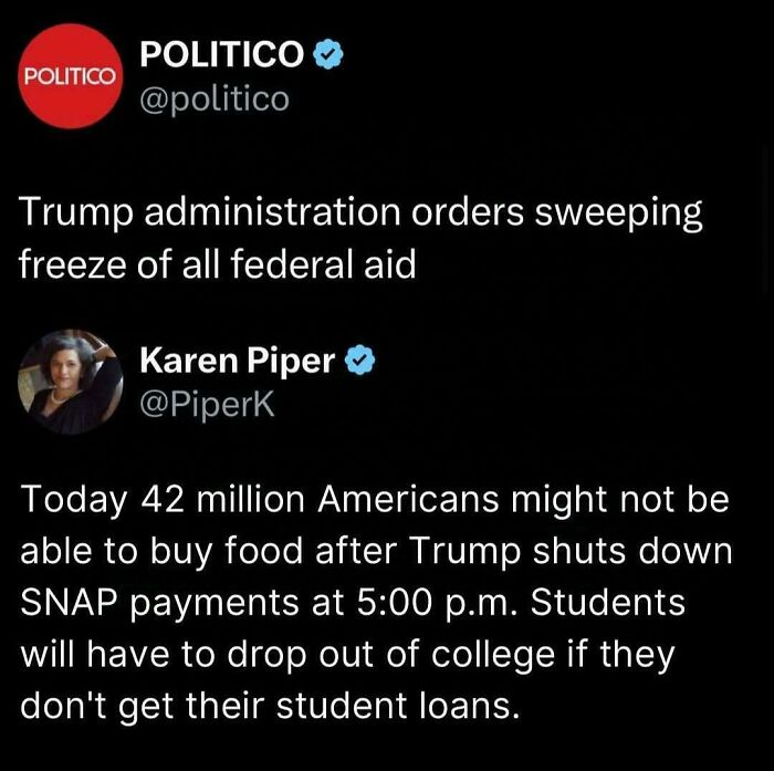 Tweet discussing the Trump administration freezing federal aid, causing facepalm moments about common sense in America.