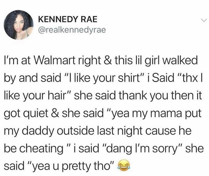 Screenshot of a really dumb tweet where a Walmart encounter leads to an awkward but funny conversation.