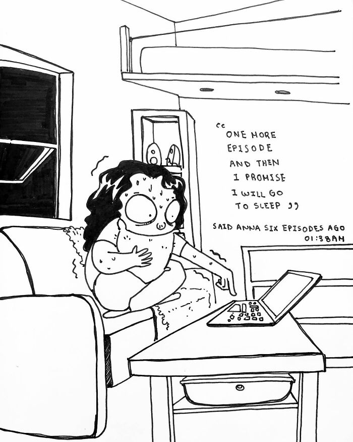 Comic by Anna Otake depicting a person watching episodes late at night, humorously capturing daily chaos.
