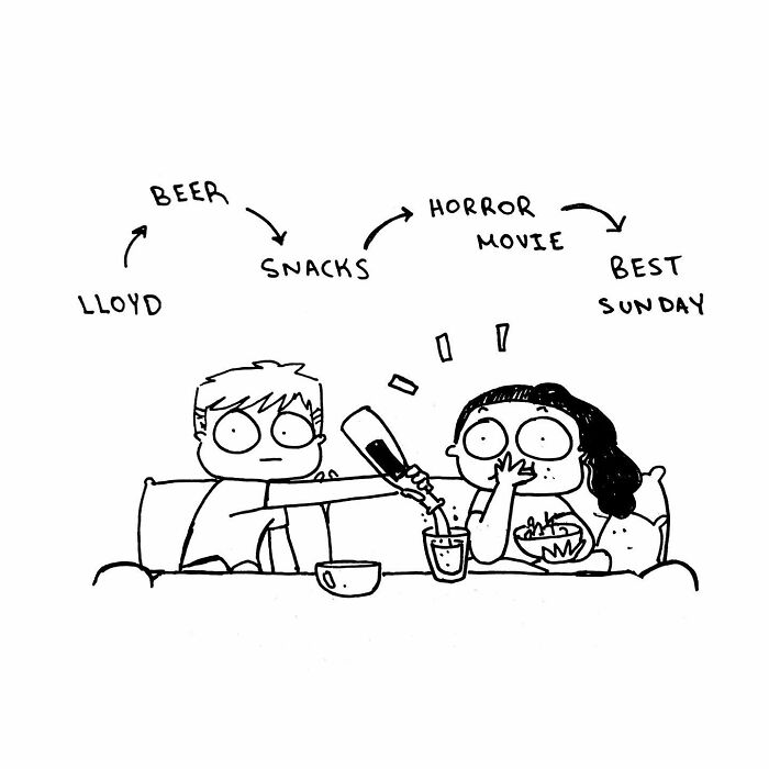 Comic by Anna Otake depicting a couple sharing snacks and drinks on a couch, labeling it as the best Sunday with a partner.