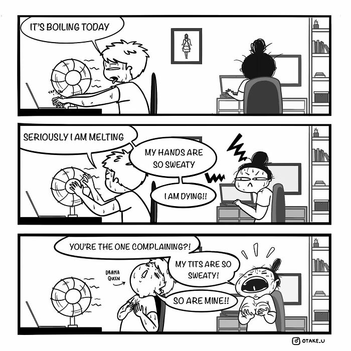 A comic by Anna Otake depicting a couple humorously complaining about a hot day and sweaty discomfort.