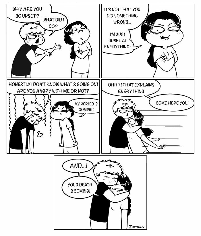 A comic by Anna Otake humorously depicting a couple's chaotic life with a partner during a period misunderstanding.