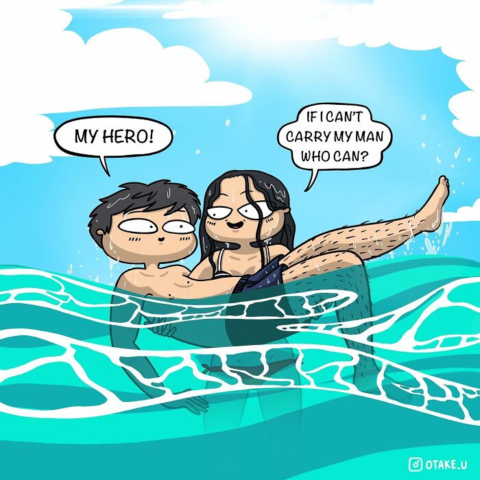 Comic by Anna Otake of a couple in water, with the woman carrying the man and humorous dialogue.