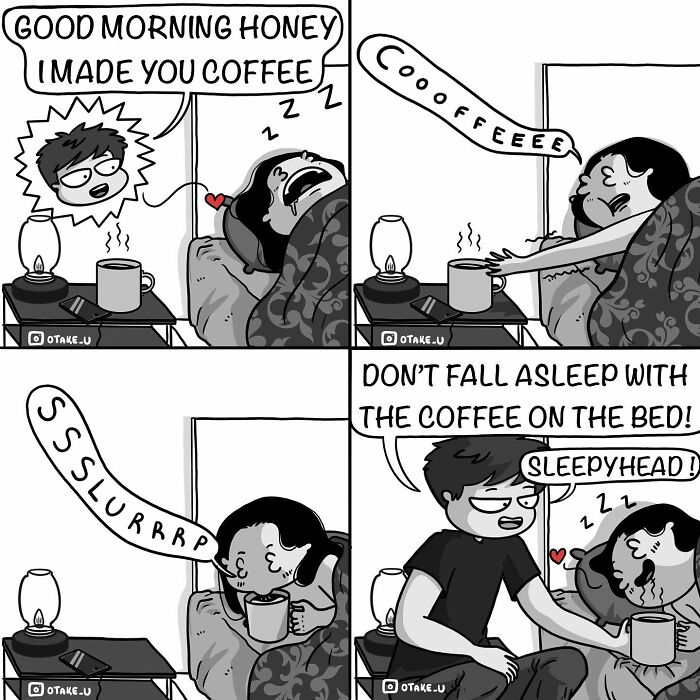 Comic by Anna Otake showing a funny scene of a partner bringing coffee to bed.