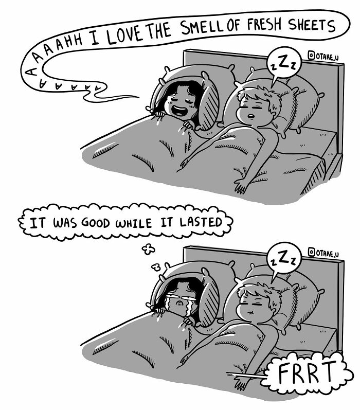 Comic by Anna Otake showing the chaos of life with a partner, featuring a funny moment in bed with fresh sheets.
