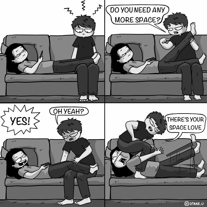 Couple humor comic by Anna Otake showing partner playfully taking over couch space.
