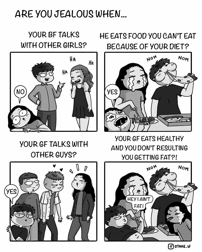 Comic by Anna Otake illustrating humorous relationship dynamics and jealousy with partners in various situations.