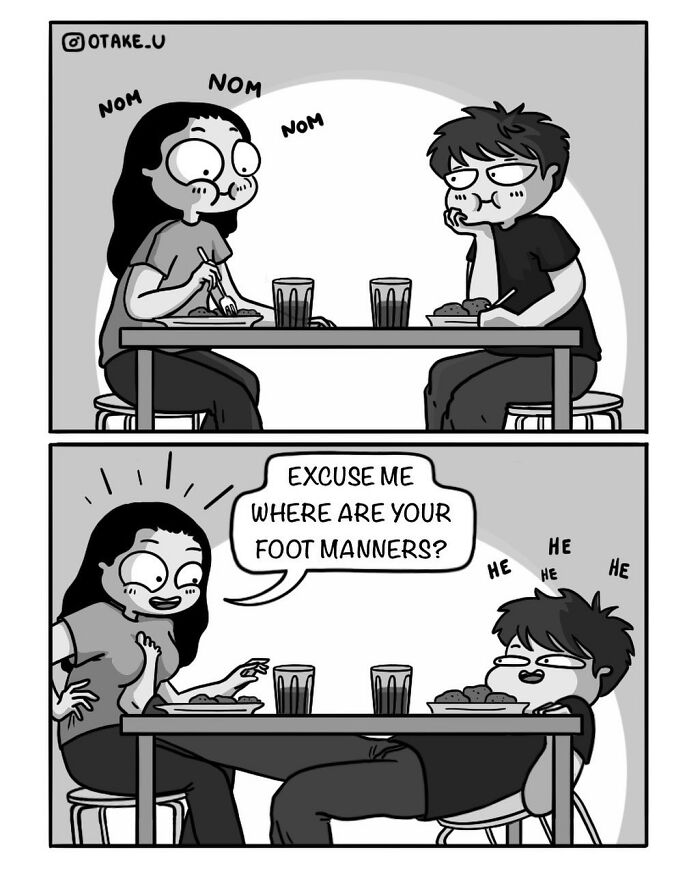 Comic by Anna Otake showing a couple eating, with one joking about foot manners under the table.