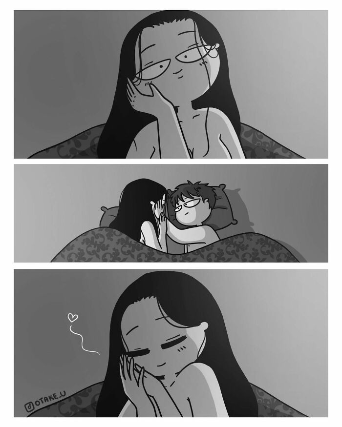 Comic by Anna Otake depicting the humorous chaos of life with a partner, featuring a couple in bed.