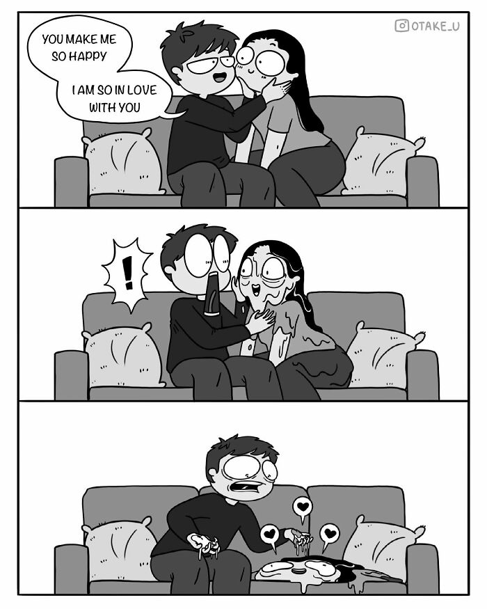 Comic by Anna Otake illustrates a funny moment on a couch about love and relationships.