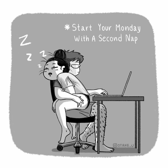 Comic by Anna Otake showing a couple napping together in a chair, capturing the chaos of life with a partner.