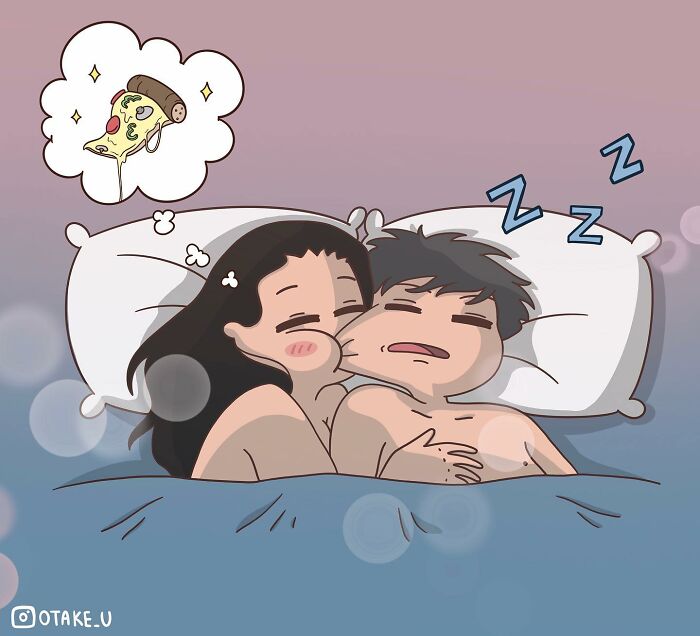 A couple sleeping in bed, dreaming of pizza, illustrating the chaos of life with a partner in a comic by Anna Otake.