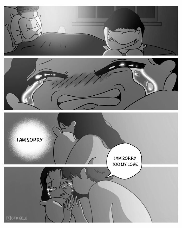 A comic by Anna Otake showing a couple in bed, expressing emotions and apologizing sincerely to each other.