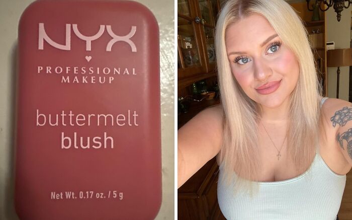 NYX buttermelt blush and woman with long blonde hair smiling indoors.