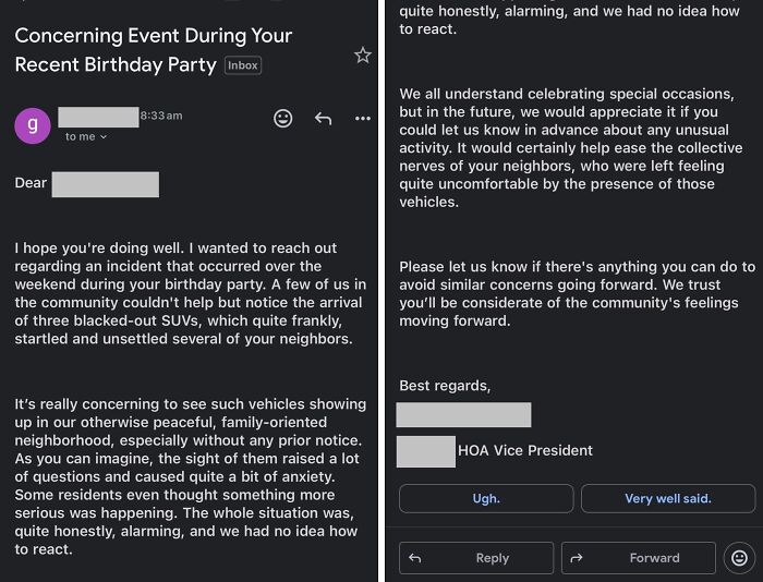 Hoa Freaks Out Over Black Suvs At Birthday Party