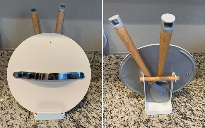 Kitchen design product: a lid and utensil holder on a granite countertop.
