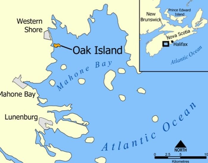 Map highlighting Oak Island, linked to weird unsolved mysteries, in the Atlantic off Nova Scotia.