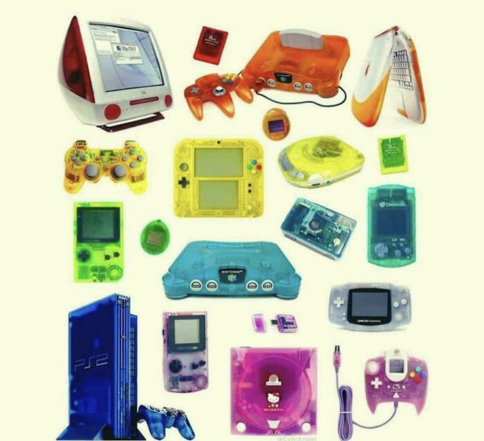 Collection of colorful vintage '90s gadgets and gaming consoles on display.